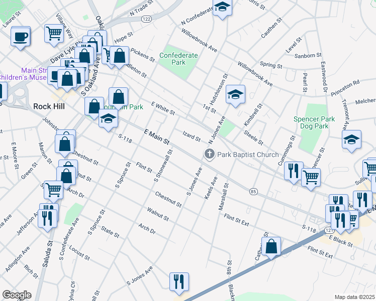map of restaurants, bars, coffee shops, grocery stores, and more near 654 East Main Street in Rock Hill