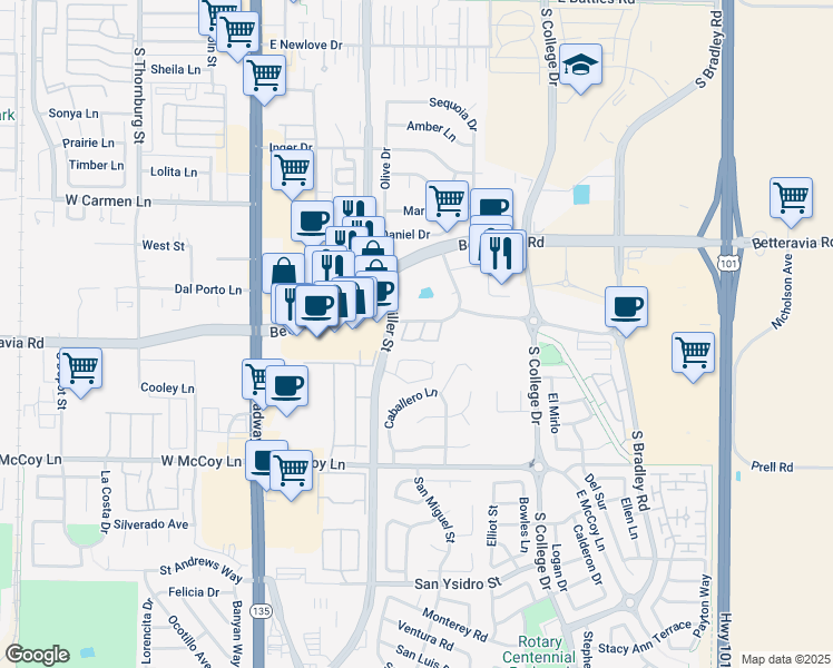 map of restaurants, bars, coffee shops, grocery stores, and more near 2149 Calle Serena in Santa Maria