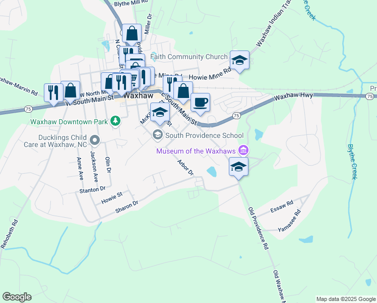 map of restaurants, bars, coffee shops, grocery stores, and more near 308 Arbor Drive in Waxhaw