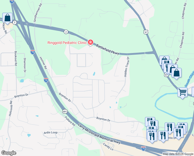 map of restaurants, bars, coffee shops, grocery stores, and more near 201 Angel Oak Way in Ringgold