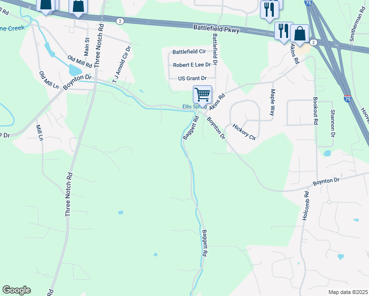 map of restaurants, bars, coffee shops, grocery stores, and more near 1482 Baggett Road in Ringgold