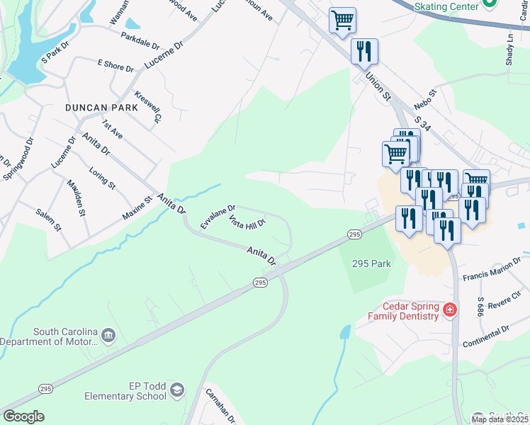 map of restaurants, bars, coffee shops, grocery stores, and more near 347 Gus Street in Spartanburg