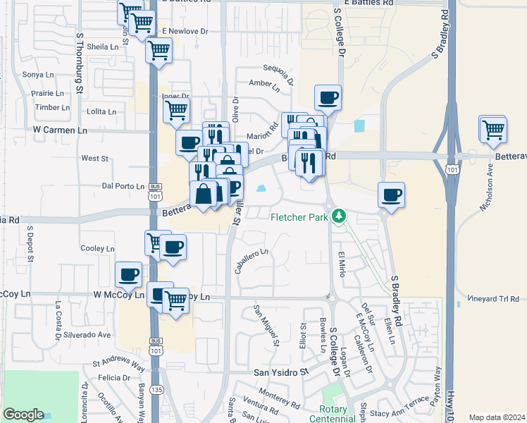 map of restaurants, bars, coffee shops, grocery stores, and more near 2144 Calle Serena in Santa Maria