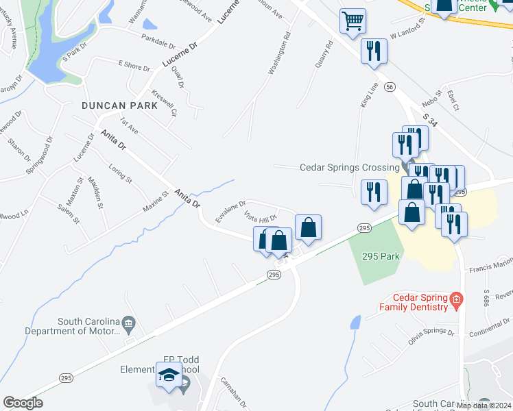map of restaurants, bars, coffee shops, grocery stores, and more near 122 Evvalane Drive in Spartanburg