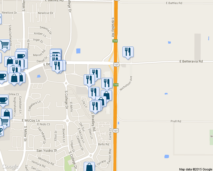 map of restaurants, bars, coffee shops, grocery stores, and more near 2170 South Bradley Road in Santa Maria