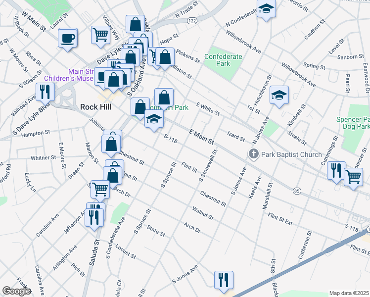 map of restaurants, bars, coffee shops, grocery stores, and more near 421 East Black Street in Rock Hill