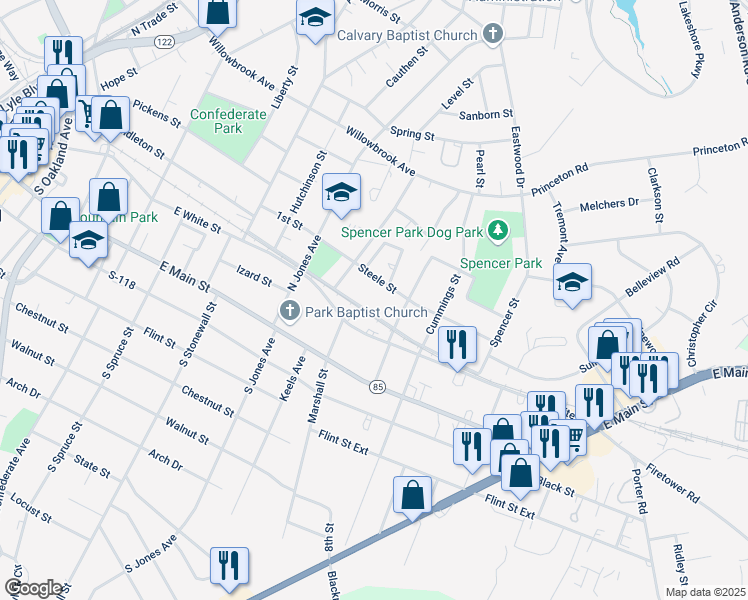 map of restaurants, bars, coffee shops, grocery stores, and more near 923 Standard Street in Rock Hill