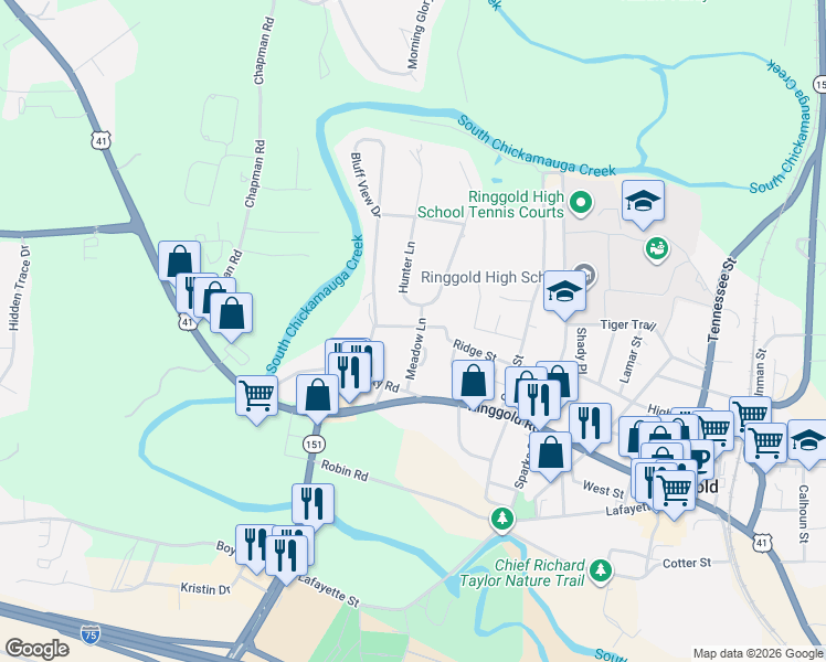 map of restaurants, bars, coffee shops, grocery stores, and more near 14 Gladstone Drive in Ringgold