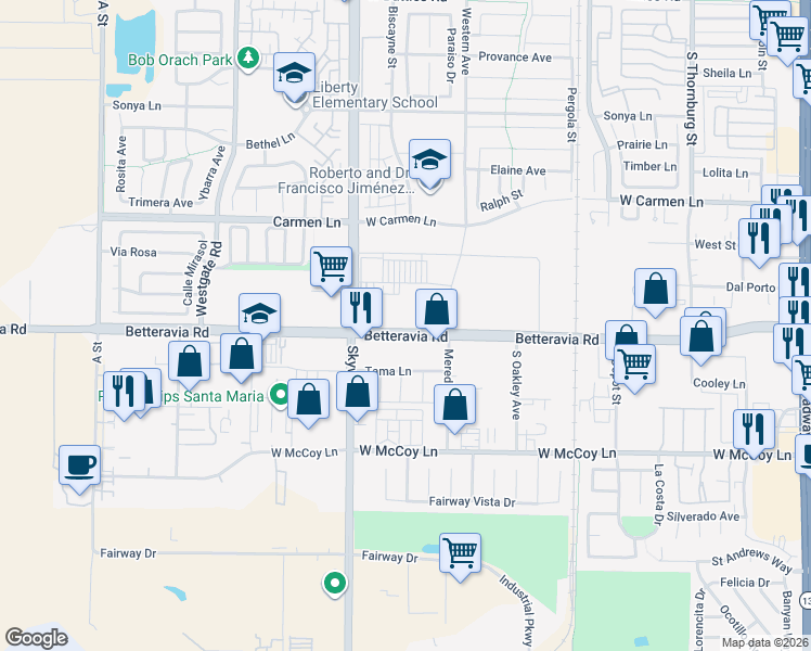map of restaurants, bars, coffee shops, grocery stores, and more near 1111 Betteravia Road in Santa Maria
