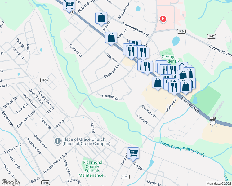map of restaurants, bars, coffee shops, grocery stores, and more near 1103 Lewis Drive in Rockingham