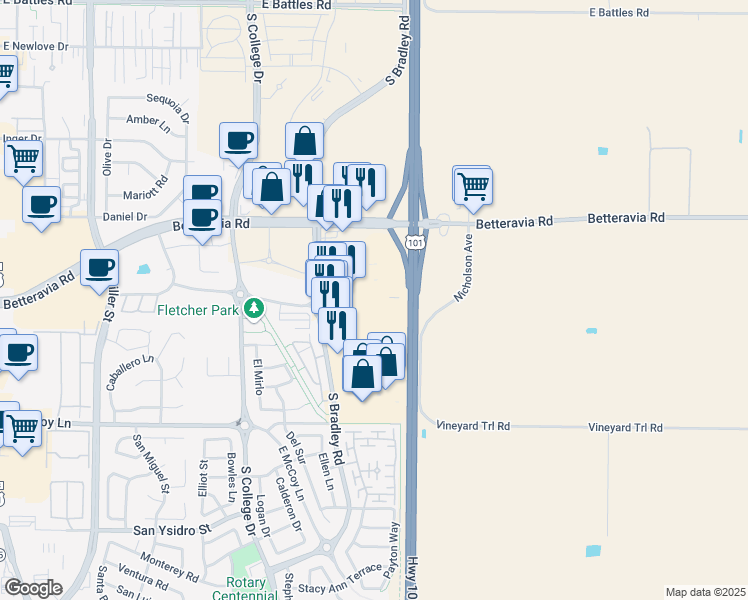 map of restaurants, bars, coffee shops, grocery stores, and more near 2170 South Bradley Road in Santa Maria