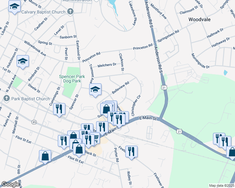 map of restaurants, bars, coffee shops, grocery stores, and more near 619 Belleview Road in Rock Hill