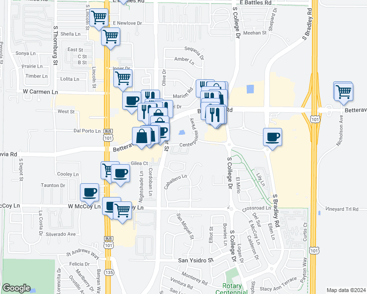 map of restaurants, bars, coffee shops, grocery stores, and more near 2140 Calle Serena in Santa Maria