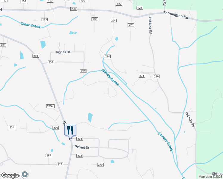 map of restaurants, bars, coffee shops, grocery stores, and more near 76-86 County Road 229 in Corinth