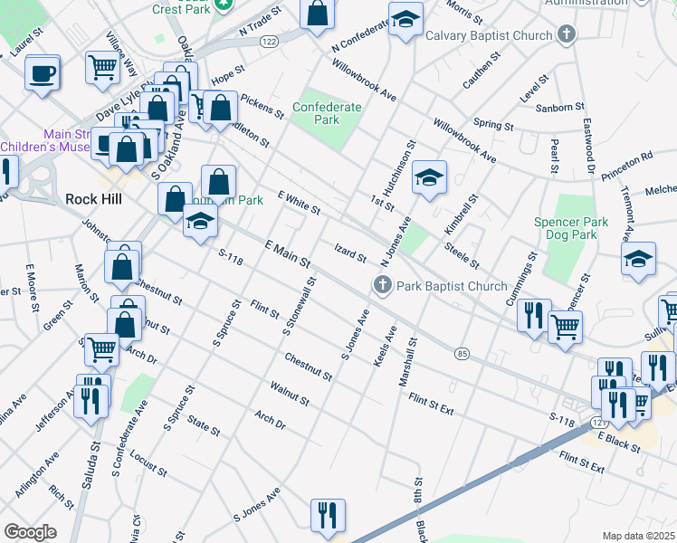 map of restaurants, bars, coffee shops, grocery stores, and more near 634 Izard Street in Rock Hill