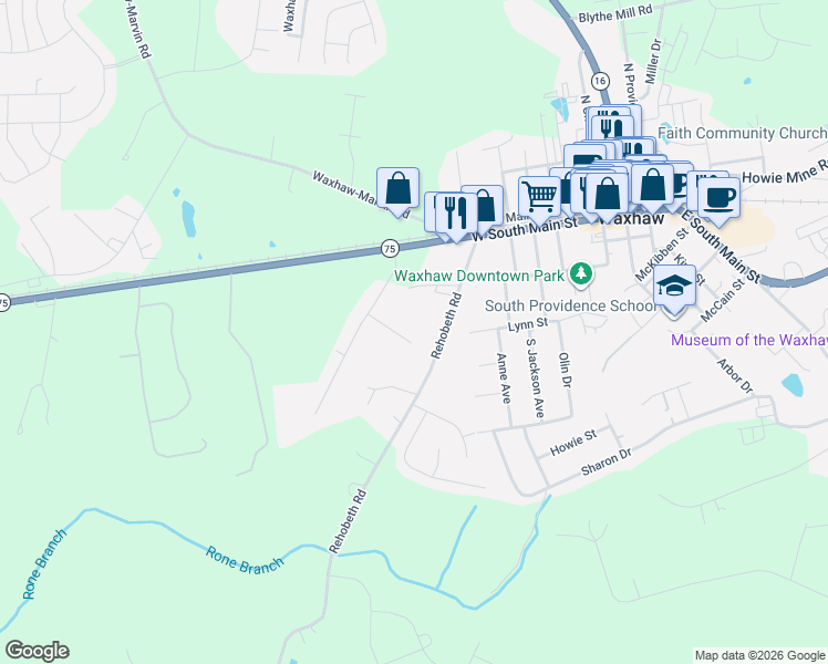 map of restaurants, bars, coffee shops, grocery stores, and more near 9510 Sweetbay Court in Waxhaw