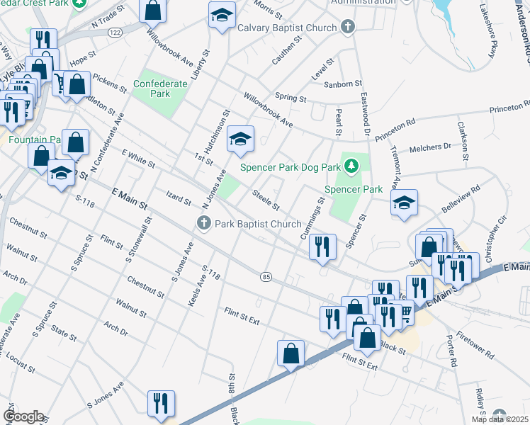 map of restaurants, bars, coffee shops, grocery stores, and more near 305 Lyle Street in Rock Hill