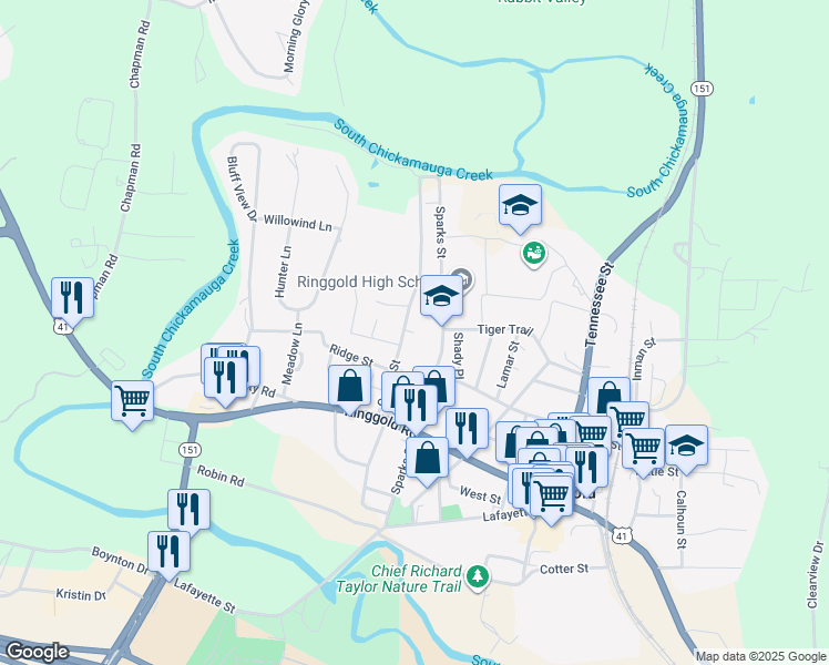 map of restaurants, bars, coffee shops, grocery stores, and more near 503 Sparks Street in Ringgold