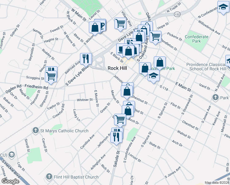 map of restaurants, bars, coffee shops, grocery stores, and more near 229 Marion Street in Rock Hill