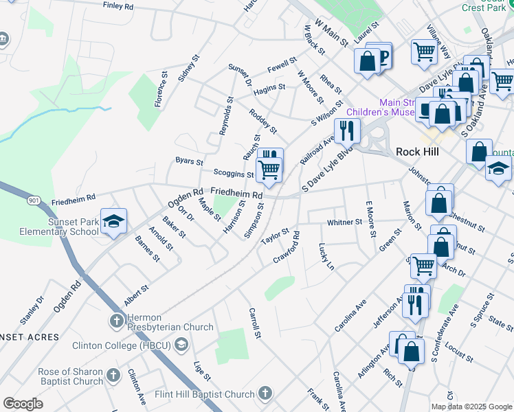 map of restaurants, bars, coffee shops, grocery stores, and more near 109 Friedheim Road in Rock Hill