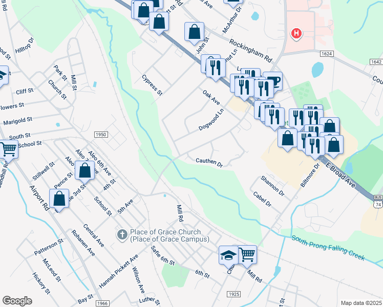 map of restaurants, bars, coffee shops, grocery stores, and more near 1382 Cauthen Drive in Rockingham