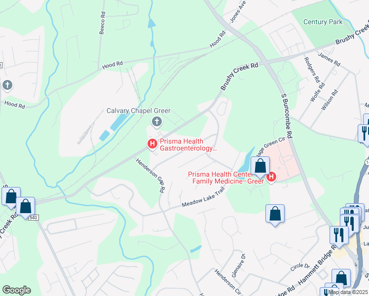 map of restaurants, bars, coffee shops, grocery stores, and more near 23 Meadow Springs Lane in Greer