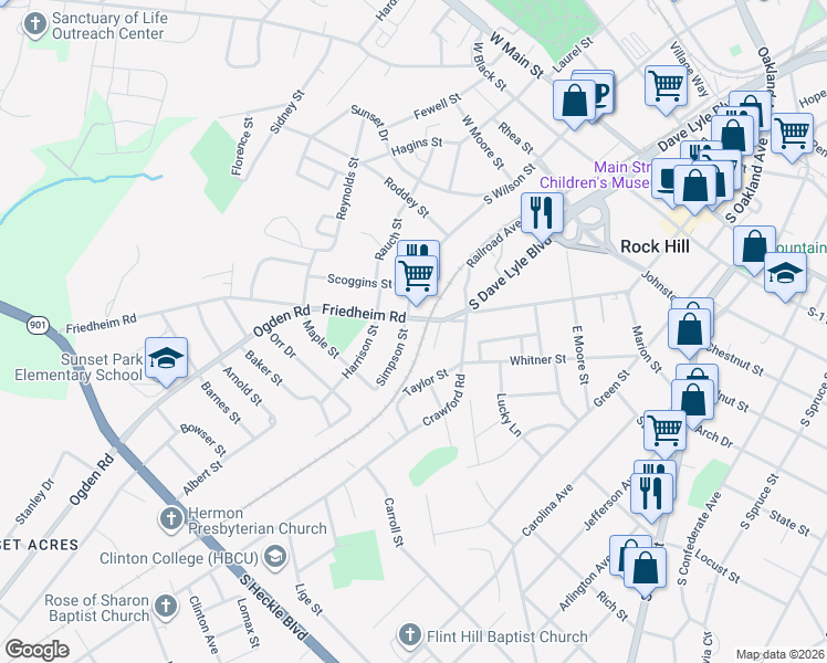 map of restaurants, bars, coffee shops, grocery stores, and more near 109 Friedheim Road in Rock Hill