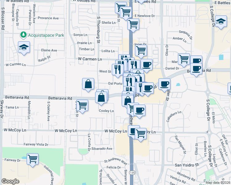 map of restaurants, bars, coffee shops, grocery stores, and more near 225 Betteravia Road in Santa Maria