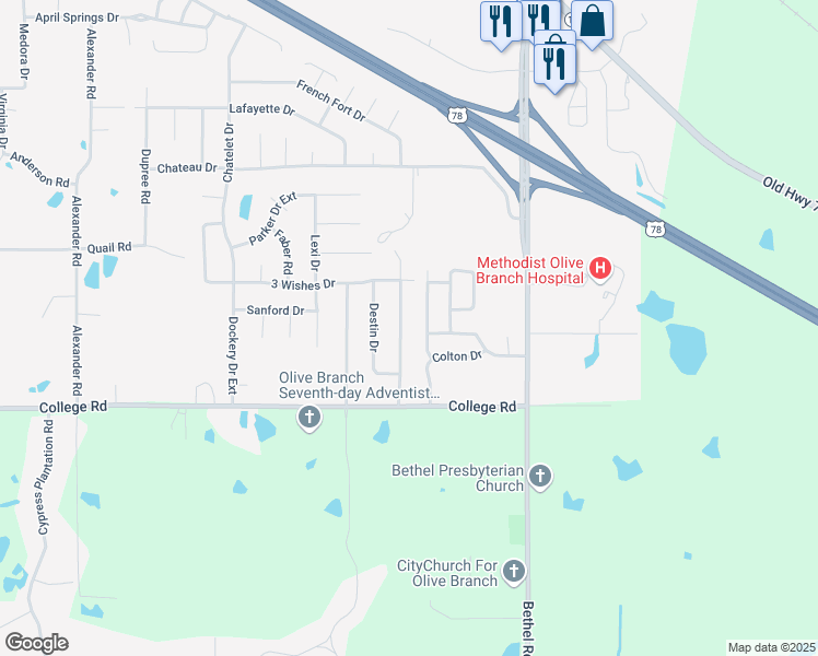 map of restaurants, bars, coffee shops, grocery stores, and more near 4140 Amherst Drive in Olive Branch