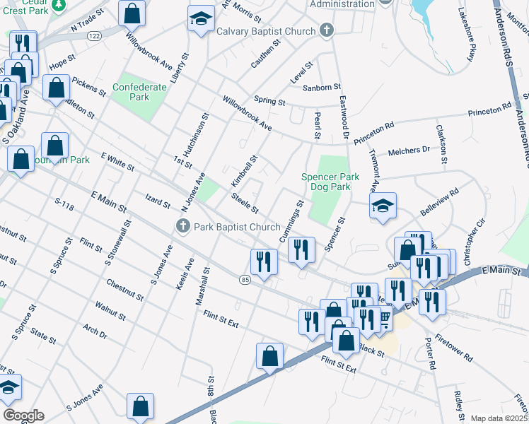 map of restaurants, bars, coffee shops, grocery stores, and more near 319 High Street in Rock Hill