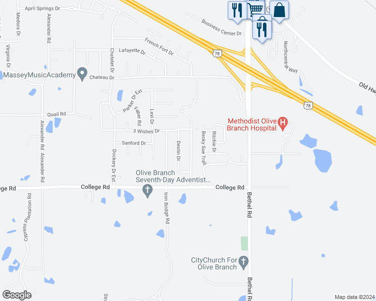 map of restaurants, bars, coffee shops, grocery stores, and more near 4139 Amherst Drive in Olive Branch