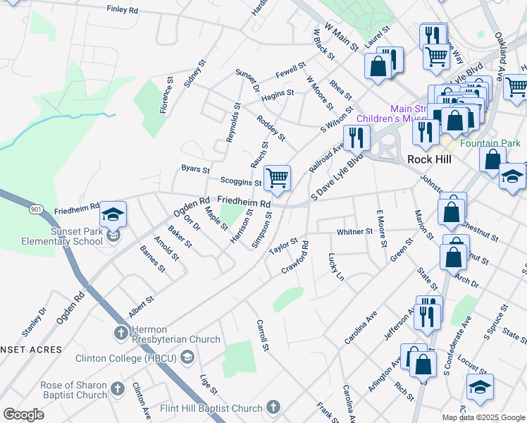 map of restaurants, bars, coffee shops, grocery stores, and more near 604 Harrison Street in Rock Hill