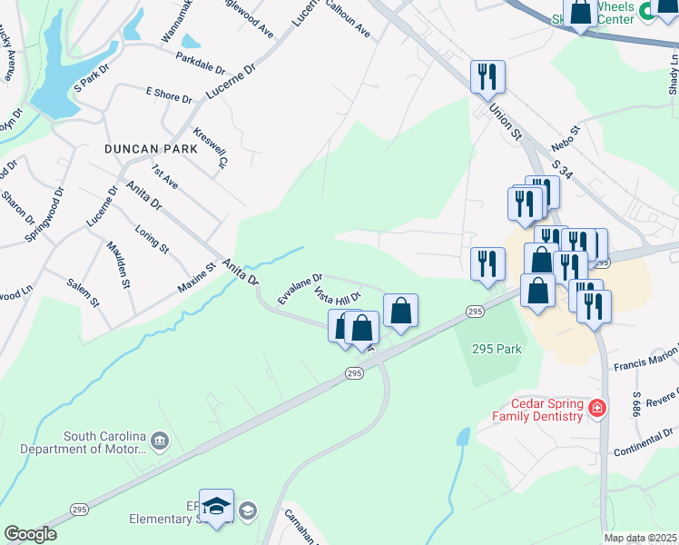 map of restaurants, bars, coffee shops, grocery stores, and more near 121 Evvalane Drive in Spartanburg