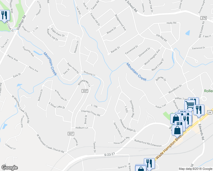map of restaurants, bars, coffee shops, grocery stores, and more near 65 Birdsong Lane in Taylors