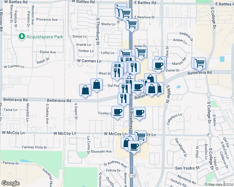 map of restaurants, bars, coffee shops, grocery stores, and more near 225 Betteravia Road in Santa Maria