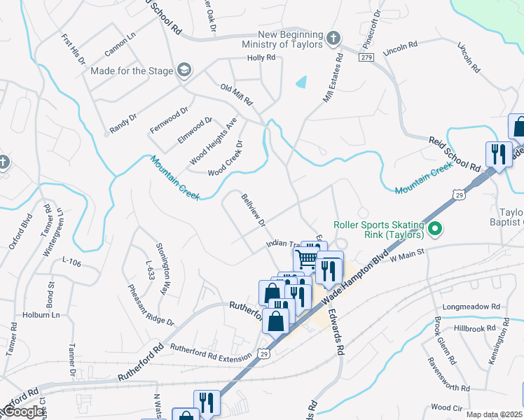 map of restaurants, bars, coffee shops, grocery stores, and more near 106 Bellview Drive in Taylors