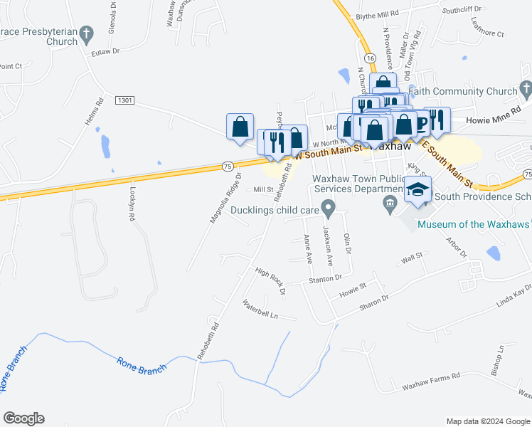 map of restaurants, bars, coffee shops, grocery stores, and more near 316 Rehobeth Road in Waxhaw