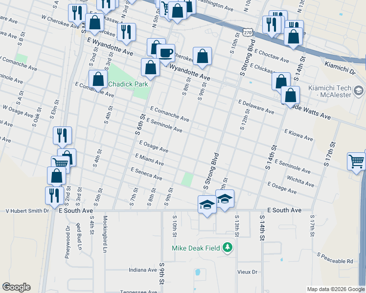 map of restaurants, bars, coffee shops, grocery stores, and more near 725 South 9th Street in McAlester