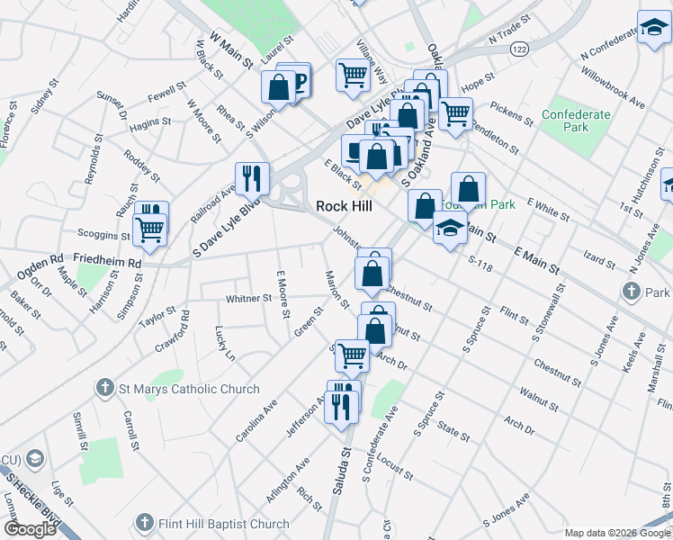 map of restaurants, bars, coffee shops, grocery stores, and more near 229 Marion Street in Rock Hill