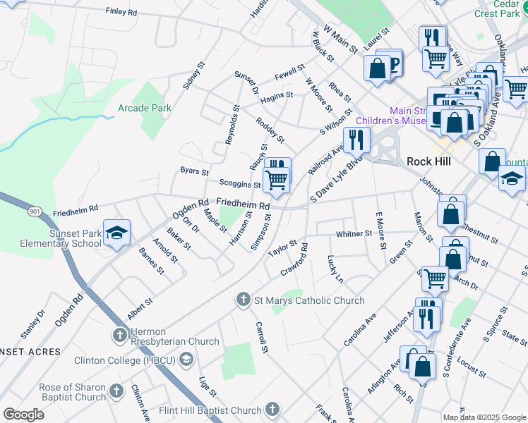 map of restaurants, bars, coffee shops, grocery stores, and more near 109 Friedheim Road in Rock Hill