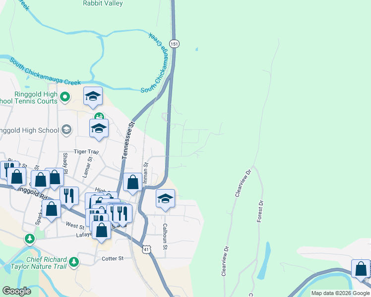 map of restaurants, bars, coffee shops, grocery stores, and more near 56 Whitman Street in Ringgold