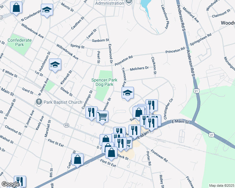 map of restaurants, bars, coffee shops, grocery stores, and more near 1114 Pinewood Road in Rock Hill