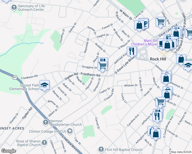 map of restaurants, bars, coffee shops, grocery stores, and more near 604 Harrison Street in Rock Hill