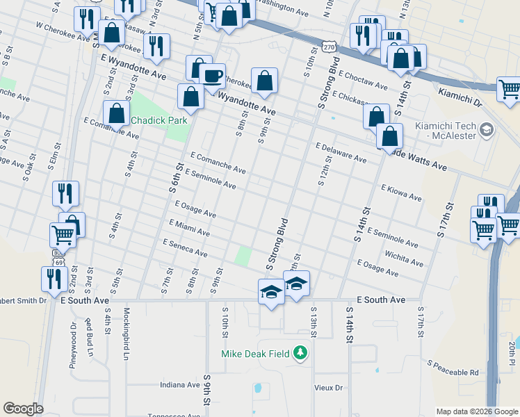 map of restaurants, bars, coffee shops, grocery stores, and more near 713 South 10th Street in McAlester