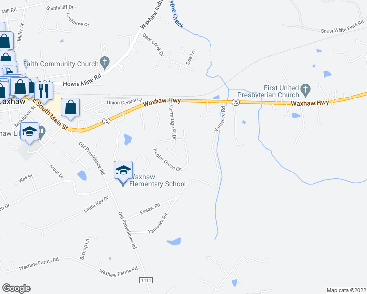map of restaurants, bars, coffee shops, grocery stores, and more near 8104 Poplar Grove Circle in Waxhaw