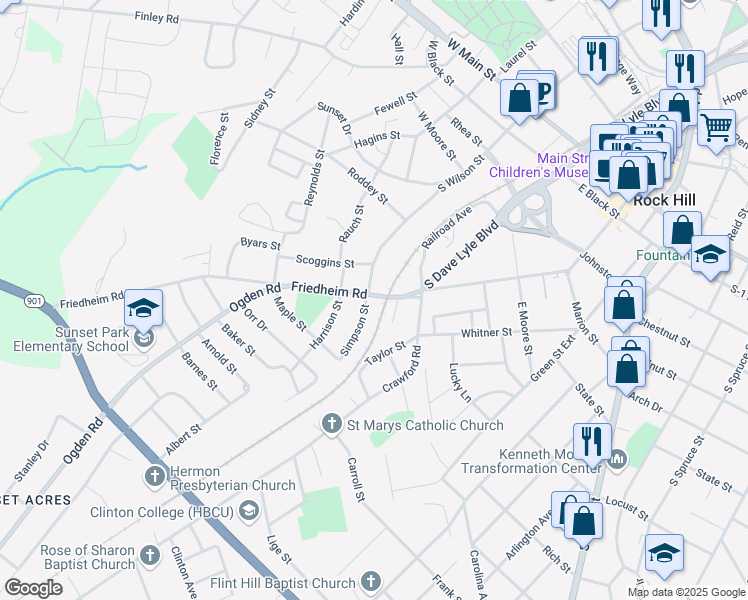 map of restaurants, bars, coffee shops, grocery stores, and more near 109 Friedheim Road in Rock Hill