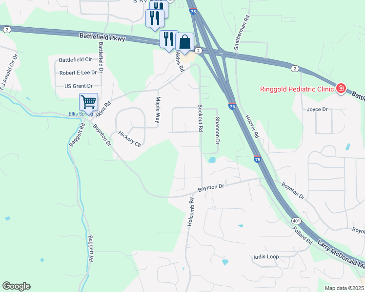 map of restaurants, bars, coffee shops, grocery stores, and more near Love Hill Road in Ringgold