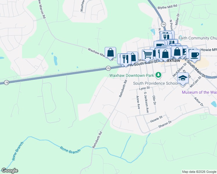 map of restaurants, bars, coffee shops, grocery stores, and more near 9510 Sweetbay Court in Waxhaw