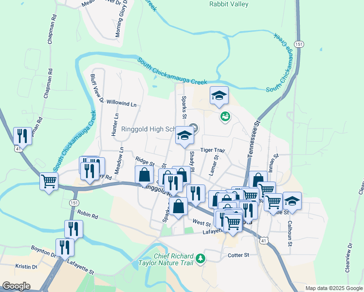 map of restaurants, bars, coffee shops, grocery stores, and more near 503 Sparks Street in Ringgold