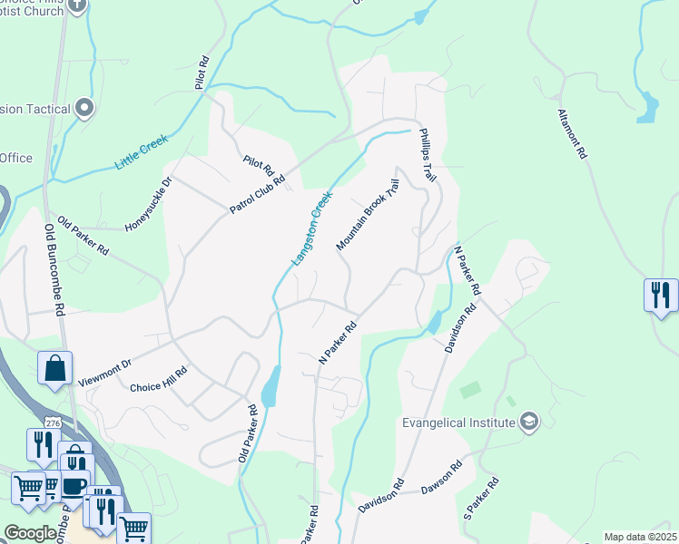 map of restaurants, bars, coffee shops, grocery stores, and more near 10 Mountain Brook Trail in Greenville